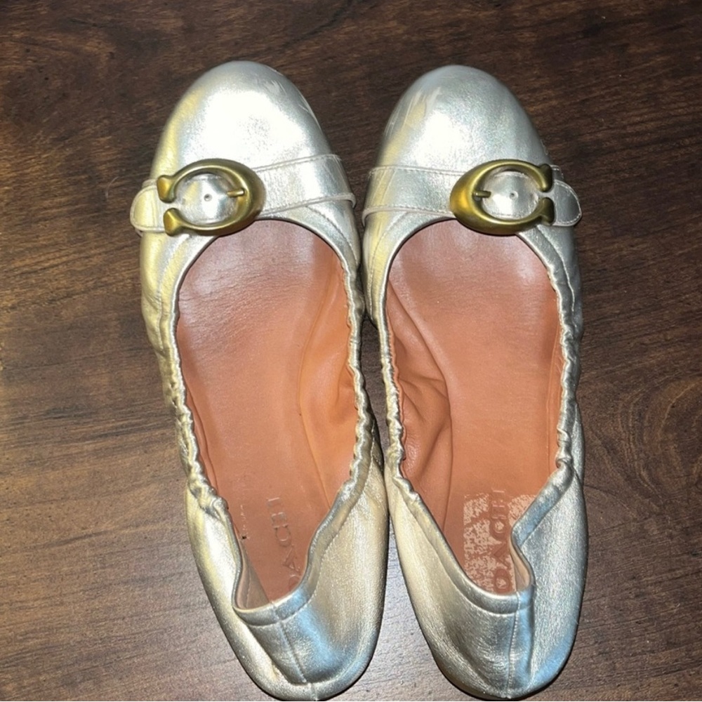 Coach Gold Leather Flats with Bronze Coach C on Toe